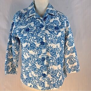 Napa Valley Vintage Blue & White Tropical Leaf Lightweight Jean Jacket S👍